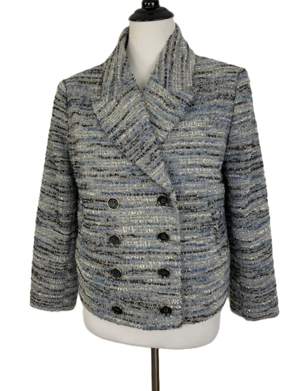 CABI Radiance Cropped Jacket Gray/ Blue Tweed with Silver Sz S - Picture 2 of 16
